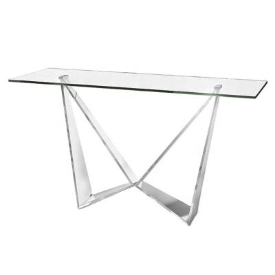 China STAINLESS STEEL tempered glass and polished stainless steel console table for sale