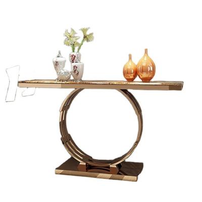 China Modern Luxury Marble Narrow Rectangle Table Faux STAINLESS STEEL Faux Table Stainless Steel in Rose Gold for sale