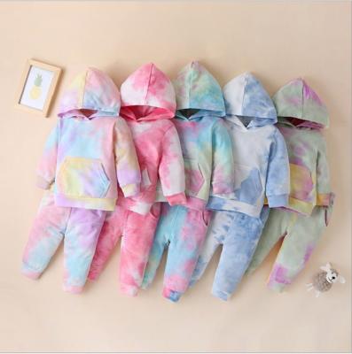 China 2021 New Children Hoodies Girls Summer Leisure Round Collar Tie Dye Rainbow Soft Casual Clothing Set for sale