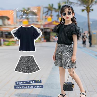 China 10 Years Kids Girls Summer Clothing Casual Age 9 Short Tops Set Korean Style Girls 11yrs Puff Sleeve T-shirt Shorts Set for sale