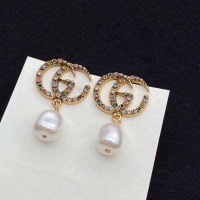 China New Fashion Brand G Earings Environmentally Friendly Exquisite Pearl Gold Plated Colorful Zircon-water Droplet Earrings For Women for sale