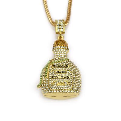 China Wholesale Hop Hip Hop Diamond Full Zircon Bottle Perfume Necklace Necklace European and American Geometric Pendant Long Hip Hop for sale