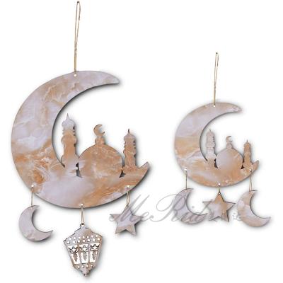 China 2 Pieces Wooden Islam Ramadan Wooden Hanging Moon Star Wall Hanging Ceiling Ornament Home Decoration Lantern Sign for Eid Ramadan for sale