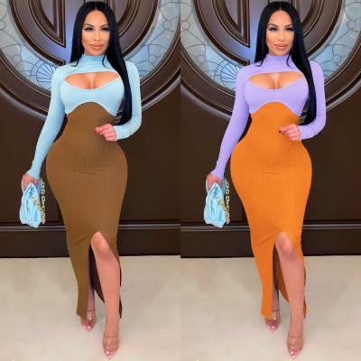 China R12077 High Quality Anti-pilling - Fashion Color Blocking Cavity Out Long Sleeve Slit Dresses With Crop Top Women 2 Piece Set for sale