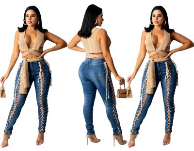 China 2021 R09074 Viable - Fashion Solid Denim Bandage Jeans Women Pencil Pants for sale