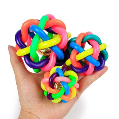 China Factory Sale Hot Durable Rubber Colorful Bell Woven Pet Toy Stocked Ball Dog Toy for sale