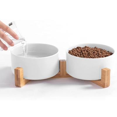 China Sustainable Expanded Dog Food Water Bowl Set Ceramic Puppy Dog Bowl With Wooden Stand Non-Slip White Pet Bowls Dog And Cat for sale