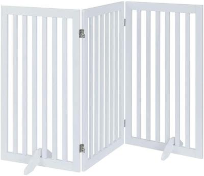 China Viable Freestanding Wooden Dog Gate, Collapsible Pet Gate with 2PCS Bracket Feet Dog Fence Indoor Pet Door Panels for Stairs, White, for sale