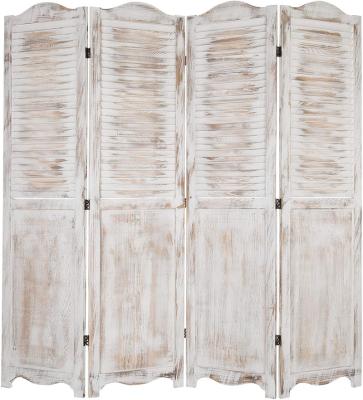 China Eco-Friendly Room Divider, Antique Whitewashed Wood 4-Panel Louvered Shabby Chic Home Decor Dressing Screen With Double-Action Hinge for sale