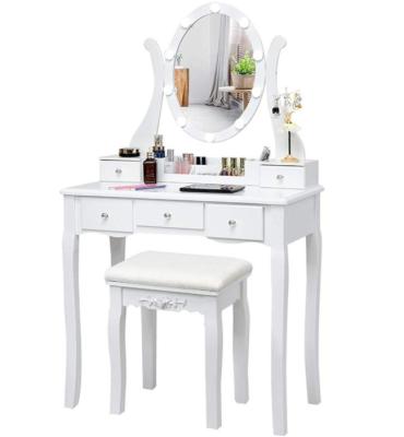 China CHARMAID White Dresser Vanity Set with KD Lighted Mirror with 10 Dimmable LED Bulbs for sale