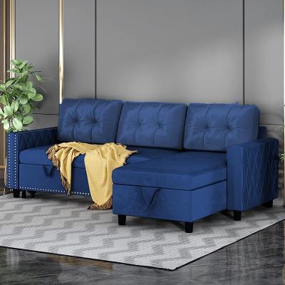 China Foldable Dark blue sofa bed, pull-out sofa bed with detachable storage chain, 2-in-1 velvet cushion reversible sleep segmented sofa for sale