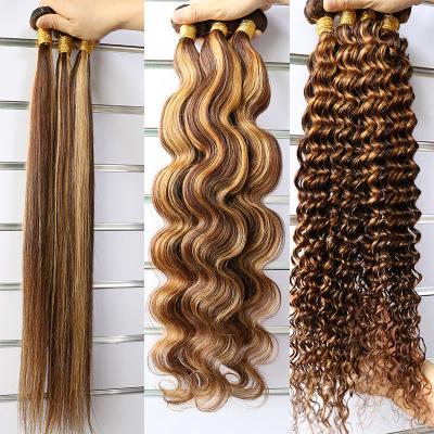 China Good Quality Silky Straight Wave Highlight Bundle Piano Color Hair Bundles, P4/27 Straight Hair Weave Ombre Blonde Highlight Bundles With Closure for sale