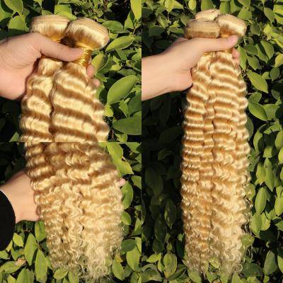 China Deep Wave Blonde 100% Raw Human Hair Weft, Unprocessed 613 Virgin Weave Weaving, Good Quality 12A Deep Wave Curly Bundles for sale