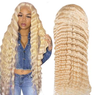 China Deep Wave Honey Blonde Closure Wig, Brazilian Wavy Virgin Hair Wig, 613 Remy Hair Wig Transparent Lace 100% Human Deep Wave Wig for sale