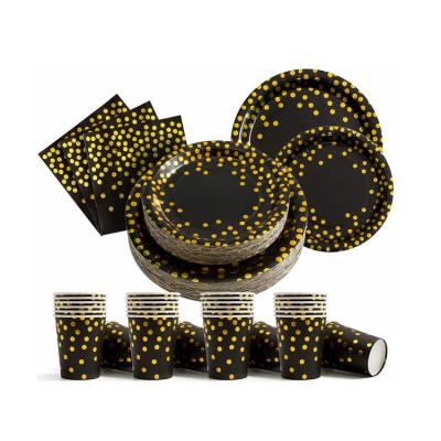 China Festival Decoration Black Gold Cups Straws Disposable Napkins Plates Party Supplies Set For For Graduation Birthday Cocktail for sale