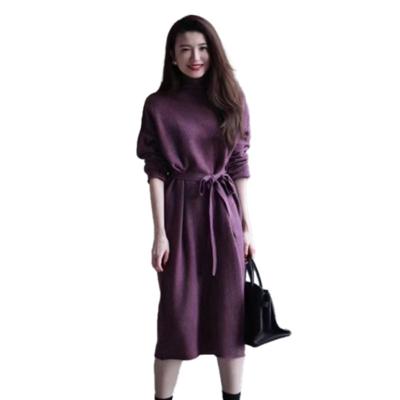 China 2021 Lady Girls Autumn Winter Prom Long Dress Solid Color Casual Solid Color Anti-Static Dress High Neck Wool Knitted Women Dresses for sale