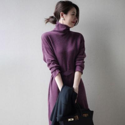 China Retro Autumn Winter Solid Color Anti-Static Turtle Neck Knitted Dress Ladies Elegant Casual Sweater Women Dress for sale