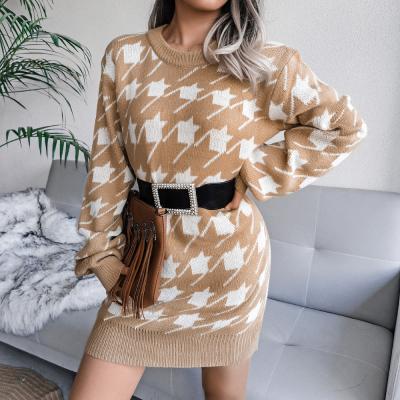 China Autumn Winter Fashion Houndstooth Round Neck Women Anti-static Loose Wool Knitted Sweater Dress for sale