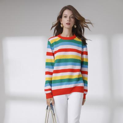 China 2021 New Autumn Winter Rainbow Anti-wrinkle Striped Knitted Round Neck Sweater Sweater Blouse Women for sale