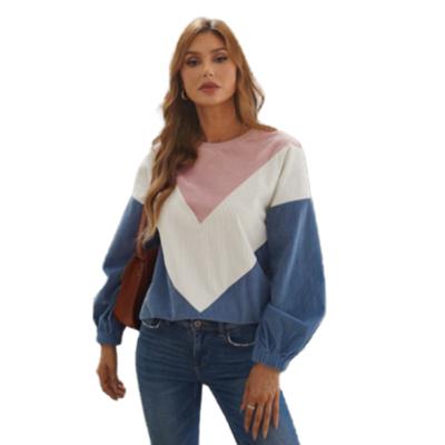 China 2021autumn Fashion Contrast Color Loose Round Corduroy Women Anti-wrinkle Winter Top Neck Sweater for sale