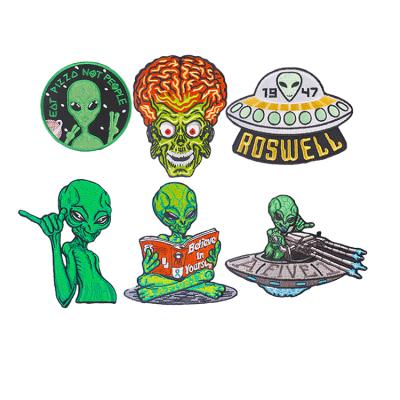 China Other Latest ZD UFO Aliens Design Fashion Cool Iron On Custom Big Logo Brand Embroidery Patch Applique for sale