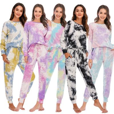 China QUICK DRY tie dye printed casual sports long sleeved women 2 piece cotton pajama set two piece pajama set pajamas for women set for sale