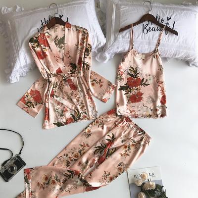 China Hot Selling QUICK DRY 3 Piece Pajamas Set Top Floral Print Pants Sleepwear For Women Summer Pajamas Print Pajamas Set Cheap Pajamas for sale