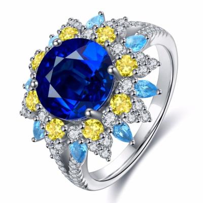 China Exquisite Workmanship New Arrival Latest Design S925 Sterling Silver Plated 18k Gold Mosaic Sapphire Ring (With Certificate) for sale