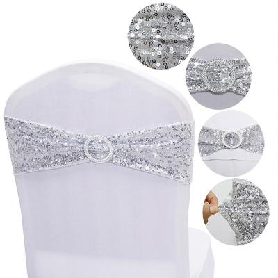 China European Style Party .wedding .event .banquet Silver Spandex Sequin Chair Bands Chair Sash With Buckle For Hotel Wedding Banquet Party Event Stretch Bandage for sale