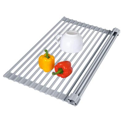 China Foldable Heavy Duty Roll Up Dish Drying Rack Universal Kitchen Silicone Wrapped Steel Rods Over Sink Dish Drying Rack for sale