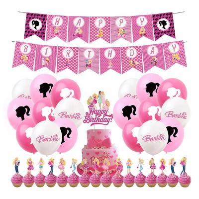 China New Cake Topper Set Barbie Doll Pink Toy Happy Birthday Banner Balloon Graduation Theme Party Birthday Decoration for sale