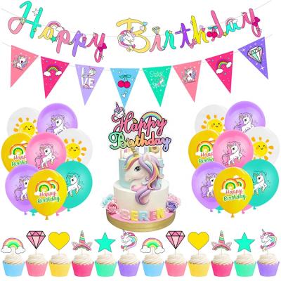 China Birthday Unicorn Birthday Party Decoration Supplies Cute White Horse Balloon Cake Flag Banner Set for sale