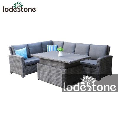 China 3 Pcs Rattan Garden Furniture All Weather Wicker Dining Corner Set With Rising Table for sale