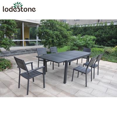 China 7 Pcs All Weather Garden Modern Outdoor Aluminum Brushed Patio Furniture Ply Wood Dining Set for sale