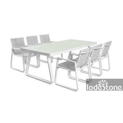 China Wholesale Outdoor Sling Chair 7pcs Sling KD Chair And Table Aluminum Garden Dining Set for sale