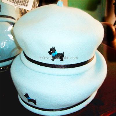 China Wholesale Custom 100% Blue Character Embroidery Dog Wool Beret Hats For Fashion Ladies for sale