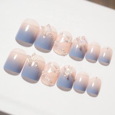 China Design 24 Pcs Fake Nails French Blue Gradient Butterfly Wholesale Fake Press On Nail Shorts With Glue for sale