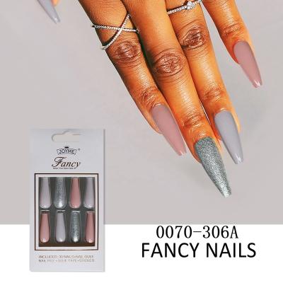 China Gray Glossy Glue Acrylic Fake Nails Long Box Coffin Design Fake Nails On Nails French Ballerina Custom Press On Fake Nails With Design for sale