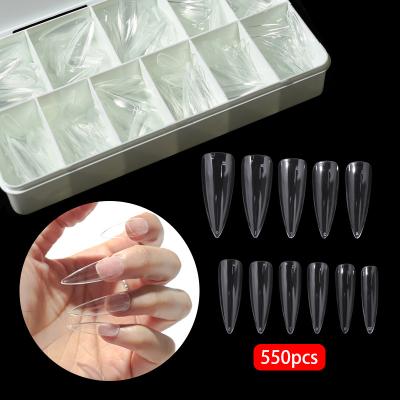 China Fashion Nail Tips Non C Curve Nail 550pcs Long Tips Clear Transparent Cover Customized Full Cover Stiletto Nail Tips Non C Curve For Acrylic for sale