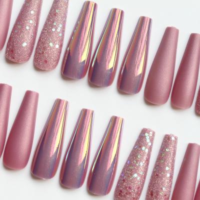 China Design Press On Nails Crystal Gem Design Glitter Pink Luxurious Press On Nails Ballerina Nails Wholesale Coffin Long Fake Nails With Jelly Glue for sale