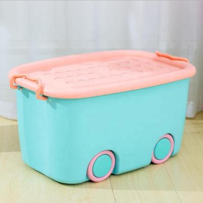 China Sustainable Kids Car Shaped Colorful Plastic Clothes Toy Storage Box With Wheels for sale