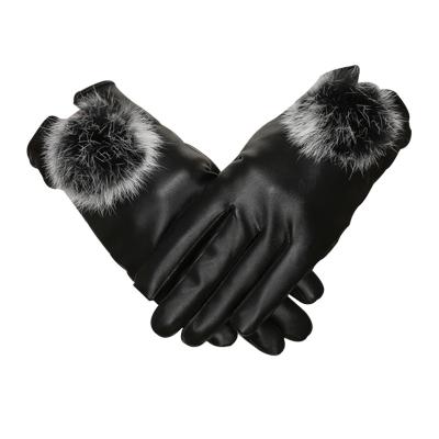 China PU Women Cycling Wool Ball PU Touch Screen Non-Slip Plush Gloves Keep Warm for sale