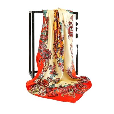 China Popular Plain Weave Polyester Satin 90*90cm Square Satin Scarves Turkish Key Chains Foulard Floral Print Instant Hijab for sale