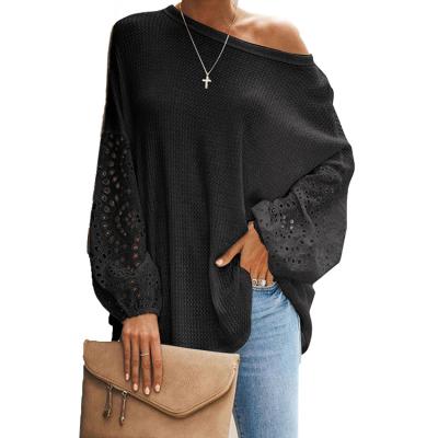 China Autumn Hot Selling New Fashion Breathable Women Sheath Long Round Oblique Casual Loose Sweater Neck Solid Color Upper Hollow Out Shoulder Shirt for sale