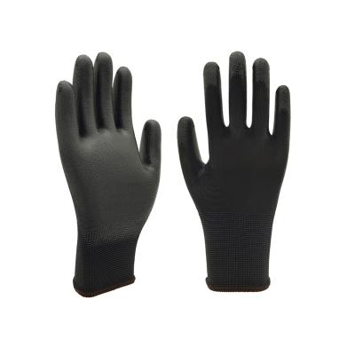 China Outdoor Repair Household Industrial Kitchen Work Cheap Price Logo Black Custom PU Palm Coated Palm Fit PU Coating Rubber Gloves Polyester Dipped Gloves 13g safety for work for sale