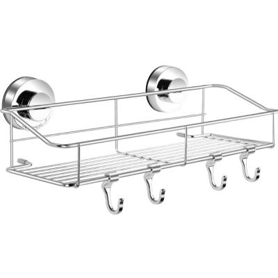 China Multi Function Rustproof Bathroom Amazon Strong Suction Shower Trolley Basket Mesh Storage Bathroom Shampoo Rack With Towel Robe Hooks for sale