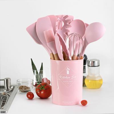 China Viable Pink Kitchen Accessories Heat Resistance 11 Pcs Wooden Handle Cooking Tools Silicone Spatula Kitchen Utensil Set From China for sale