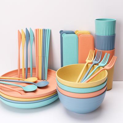 China 32 Piece Plastic Kitchen Stocked Wheat Fiber Straw Plates Dinner Set Dinnerware for sale