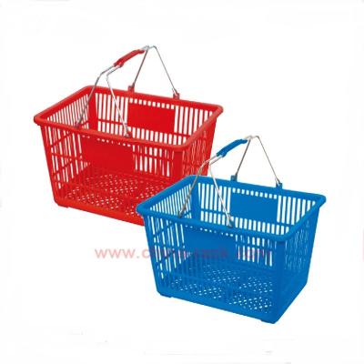 China Hot Selling Handle Hand Held Plastic Shopping Baskets with Metal Handle for Supermarket OW-BM001 for sale