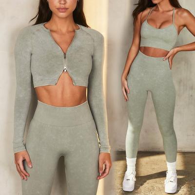 China Seamless Breathable Wholesale Women Acid Wash Knit Activewear Yoga Fitness Leggings Long Sleeve Workout Set for sale